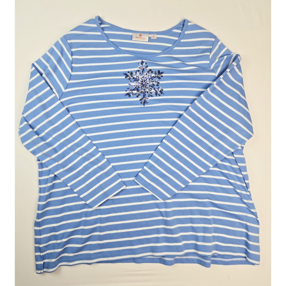 Womens Quacker Factory shirt sz 3X blue white stripe sequin snowflake